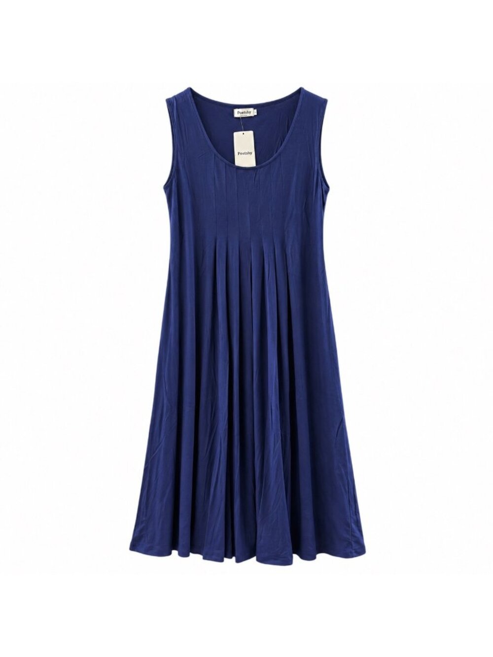 Poetsky Womens Sleeveless Pleated A-Line Dress Navy Blue Lightweight Viscose Ble